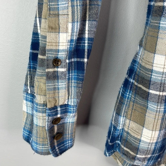 QUIKSILVER Mens Plaid Flannel Button Up Shirt Blue Tan Long Sleeve Logo Skate S - Picture 6 of 16